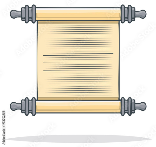 Cartoon illustration of blank papyrus scroll with wooden handles for message or invitation.