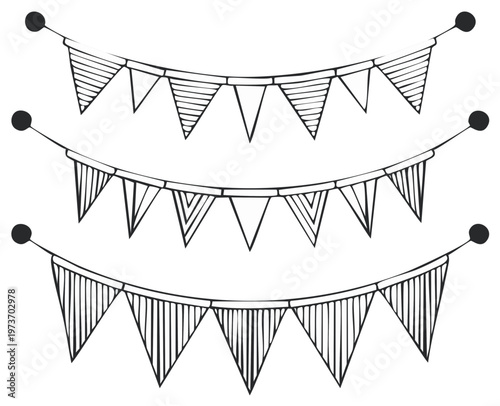 Hand drawn bunting flags in three rows strung on a line for decoration