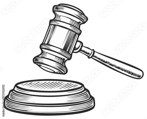 Wooden gavel hitting a sounding block in a courtroom illustration