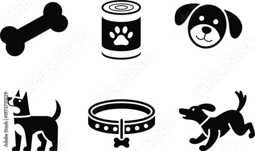 Set of dog care icons including bone food bowl collar and pet silhouettes representing animal care and pet accessories
