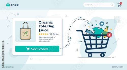Online shopping cart with eco-friendly tote bag.