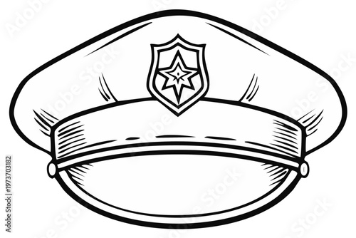 Black and white illustration of a police hat with badge.