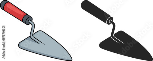 Set of masonry trowel icons featuring construction hand tools for plastering cement and brickwork in flat and silhouette styles