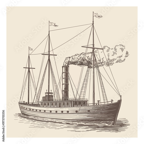 Vintage Steam Ship Vector Illustration
