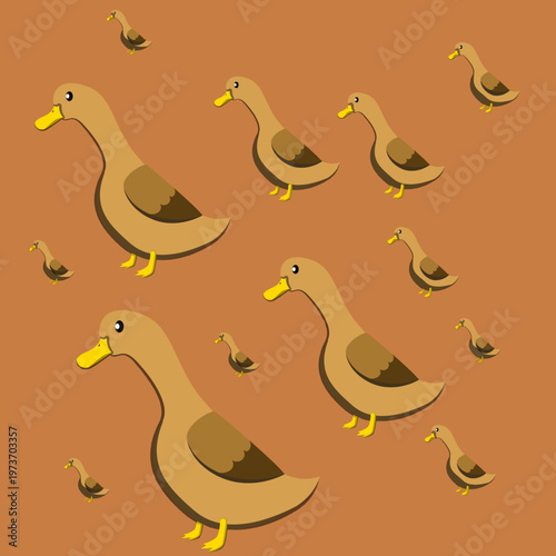 Flat vector illustration of brown ducks scattered randomly on a solid brown background.