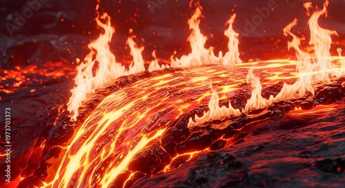 Molten Lava Flowing With Intense Flames and Smoke, Volcanic Eruption Close-up