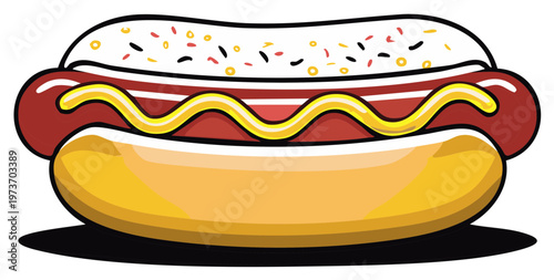 Cartoon illustration of a delicious hot dog with mustard, sprinkles, and a bun