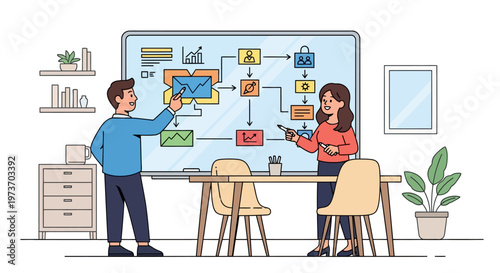 Colleagues Sketching Workflow on Glass Whiteboard