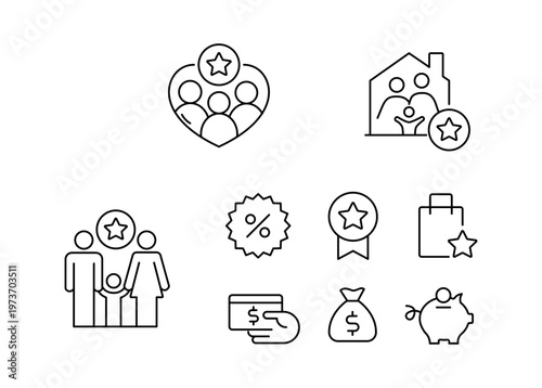 Cash awards and benefits program linear icons set, family bonus rewards financial incentives savings cashback discount loyalty achievement prize money editable stroke pixel perfect thin line vector