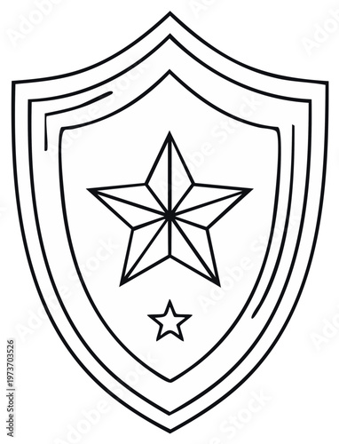 Stylized emblem showcasing a bold five-pointed star above a smaller star encapsulated in a shield design with subtle line accents hinting at depth and dimension