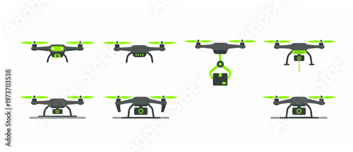 Drone delivery icons set with various camera configurations and cargo transport mechanisms for logistics, industrial surveillance, and aerial technology projects, isolated on a white background, vecto