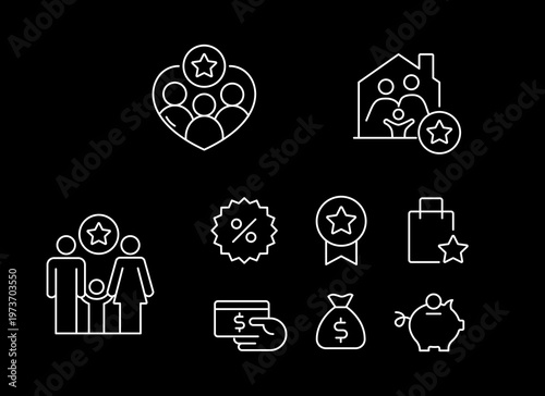 Cash awards and benefits program linear icons set, family bonus rewards financial incentives savings cashback discount loyalty achievement prize money editable stroke pixel perfect thin line vector