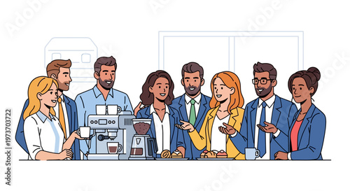 Diverse Coworkers Socializing at Office Coffee Station