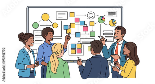 Diverse Team Brainstorming at Colorful Whiteboard