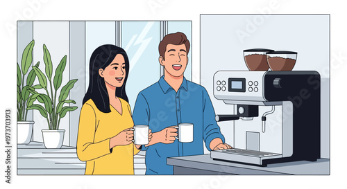 Happy Employees Socializing Near Office Coffee Machine