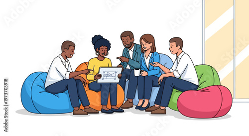 Modern Coworkers Discussing Project on Beanbags