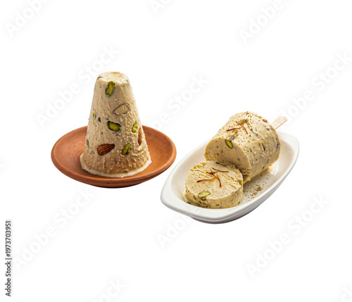 Traditional indian kulfi ice cream with pistachios and saffron on white background