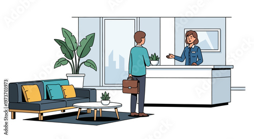 Receptionist Welcoming Guest to Minimalist Lobby