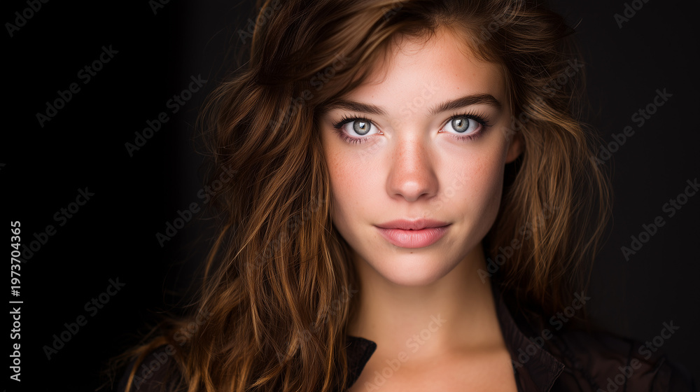 Naklejka premium Portrait of a beautiful young woman with captivating eyes and flowing hair