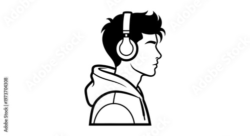 young man with headphones in profile listening to music a modern line art illustration of a casual audio experience.