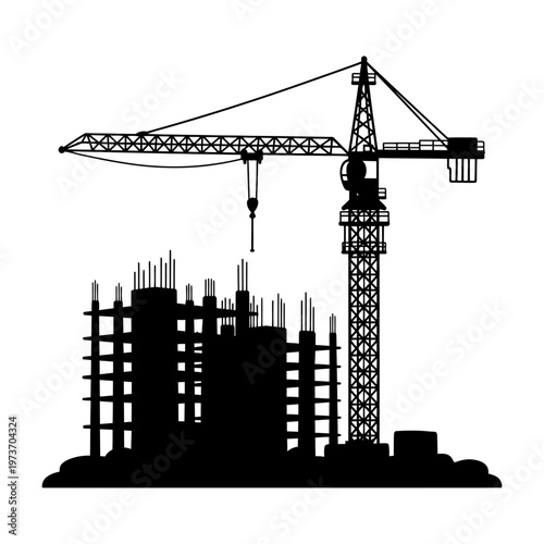 silhouette of a construction site featuring a tower crane and unfinished buildings symbolizing urban development and future growth.