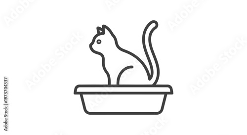 a simple line art illustration of a cat sitting in a litter box perfect for pet care icons or vet clinic branding