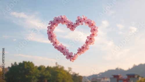 Pink Heart Shape Made of Flower Petals Hanging in Blue Sky Outdoor Scene
