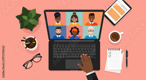 Online meeting with diverse team collaborating remotely on a video call from their home offices