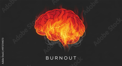 Burnout concept with a burning brain on a dark background symbolizing mental exhaustion and stress its illustration only
