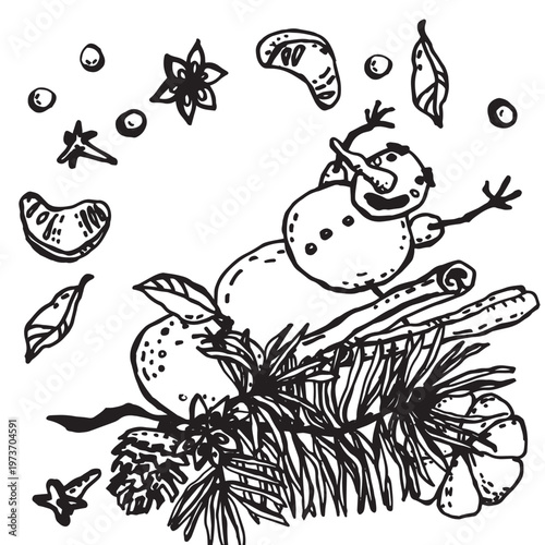 A black and white cartoon snowman, standing behind