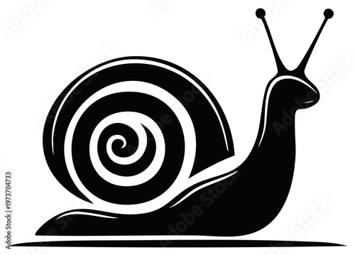 Black and White Vector Illustration of a Snail with Spiraled Shell and Antennae