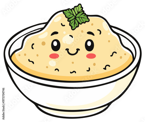 Kawaii Mashed Potatoes Bowl with Happy Face and Mint Garnish