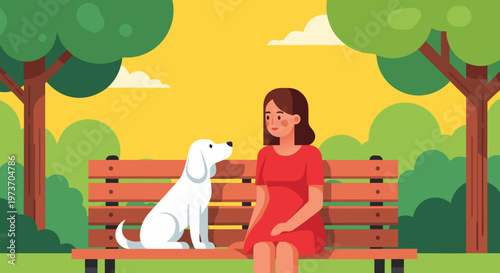 Woman sitting on a park bench with her dog during a sunny day, enjoying the outdoors and nature