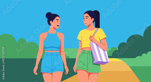 Two young women enjoying a stroll in a park on a sunny day, engaged in conversation