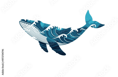 Artistic Whale Double Exposure Silhouette, Modern Ocean Wave Animal Vector, High Contrast Nautical T-shirt Illustration
