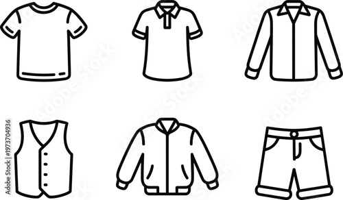 Clothing icons set featuring t-shirt, polo, shirt, jacket, vest, and shorts in outline style