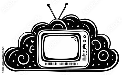 Retro television with swirling cloud elements and antennae black and white illustration