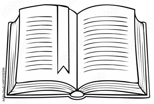 Open book with bookmark illustration, line art drawing of book for learning and studying concept