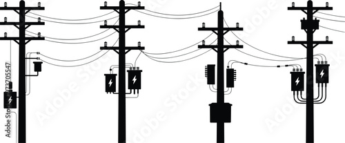 Vector illustration of utility poles with electrical transformers and power lines, symbolizing energy distribution artwork, electricity grid graphics, infrastructure design, and modern