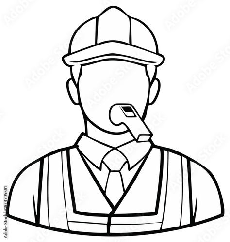 Outline Illustration of Construction Worker with Helmet and Whistle Blowing Warning
