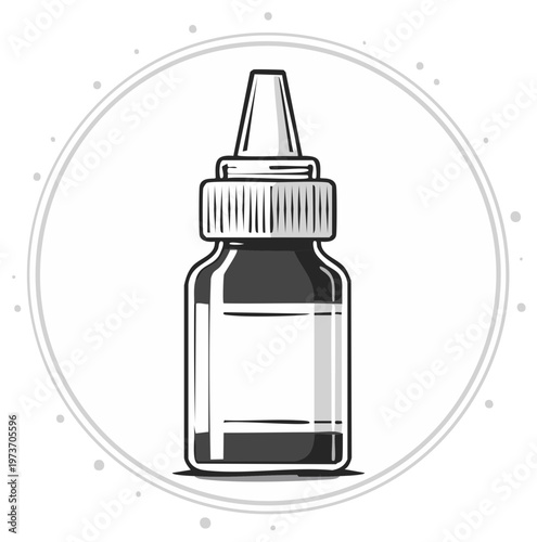 Illustration of eye drop bottle in a round frame, black and white