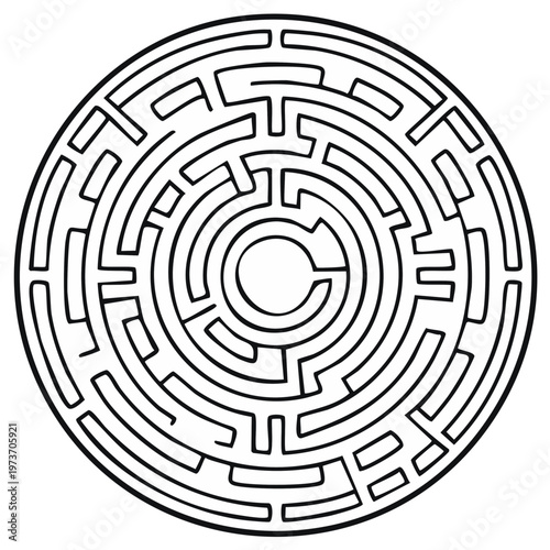 Circular labyrinth maze pattern with challenging pathways to the center isolated on white background