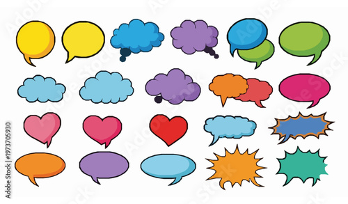 Colorful cartoon speech and thought bubble vector set with comic chat shapes