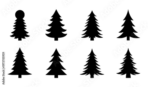Black Christmas tree silhouette vector set with classic holiday tree shapes