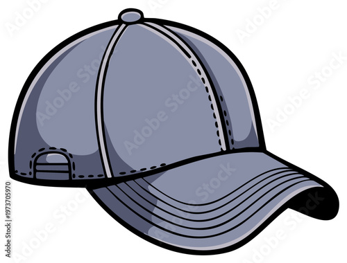 Gray baseball cap with stitched detail and curved brim, isolated graphic illustration