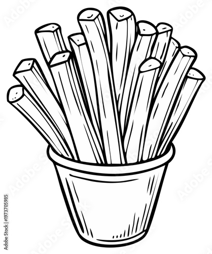 Hand drawn illustration of a bucket filled with french fries outline graphic
