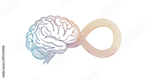 Stylized line art illustration of a human brain connected to an infinity symbol, representing endless thought and potential.