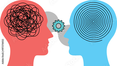 Abstract human head silhouettes with chaotic and organized thoughts connected by gear, communication and psychology concept illustration for mental clarity, problem solving, and teamwork