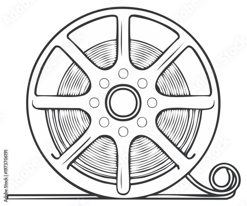 Film reel drawing with film tape, cinema vector graphic icon. Old movie illustration, vintage media concept.