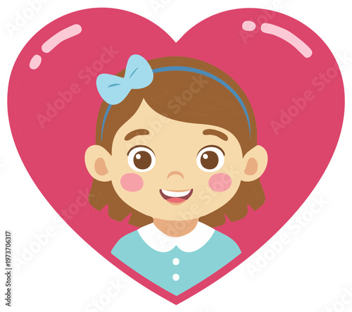 Cartoon girl in heart frame, featuring a cheerful young girl with brunette hair and a blue bow in a vibrant pink heart